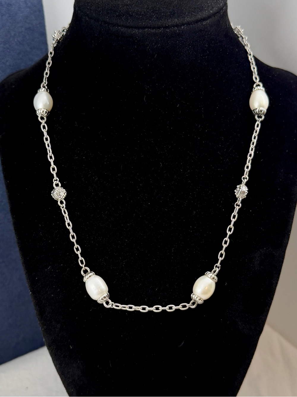 JUDITH RIPKA Sterling Silver Large Pearl Sparkling Station Necklace